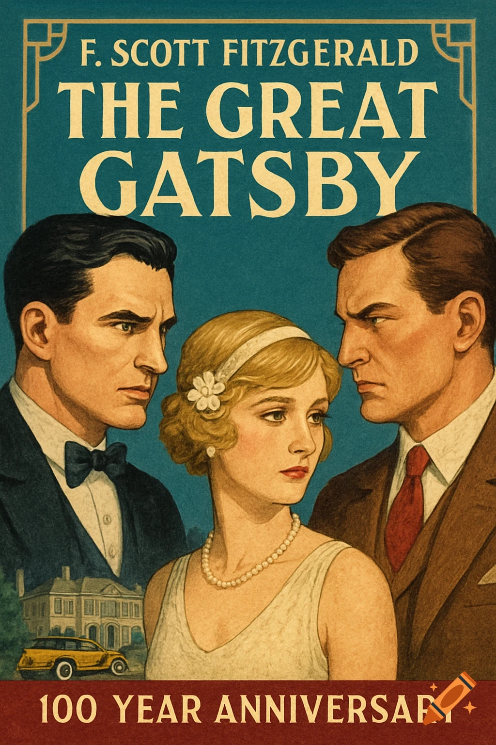 Vintage illustration book cover for The Great Gatsby showing three characters, a mansion, and a car.