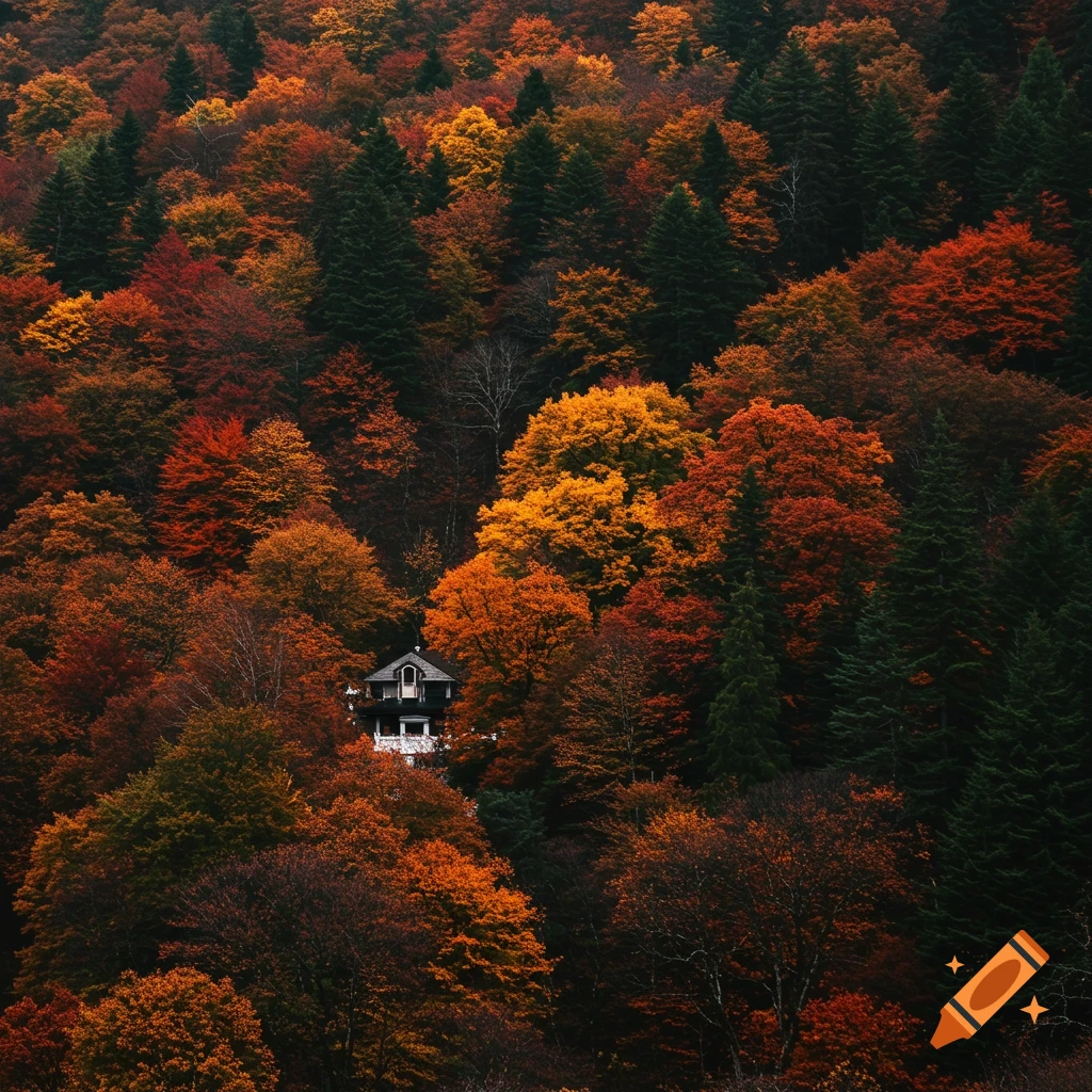 A small house nestled within a dense forest with vibrant red, orange, and yellow autumn leaves.
