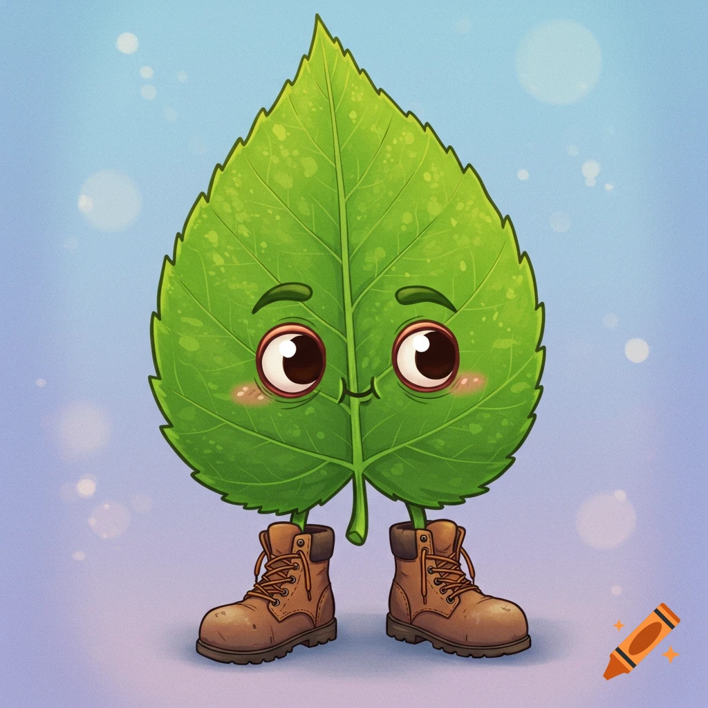 A cartoon illustration of a green leaf with eyes, cheeks, and a mouth, wearing brown hiking boots.