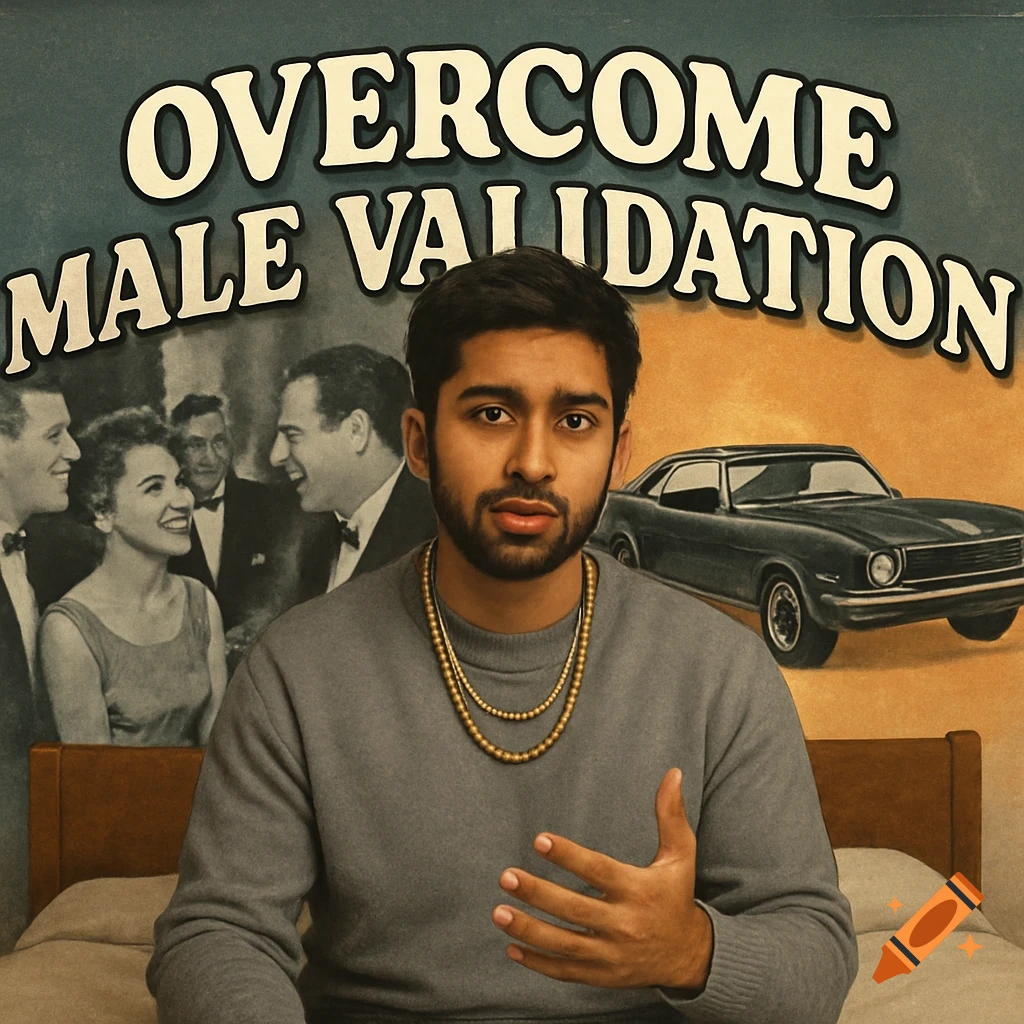 Digital collage of a young man on a bed with vintage images and 'OVERCOME MALE VALIDATION' text.