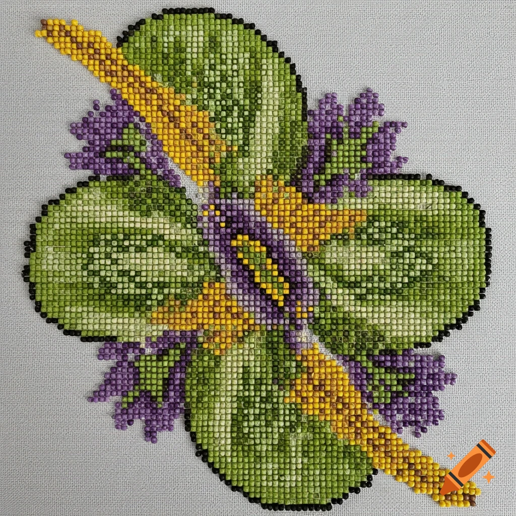 Bead loom pattern design in green, purple, and yellow