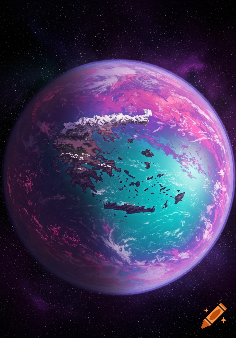 Stylized planet resembling Greece in space with vibrant pink and blue colors