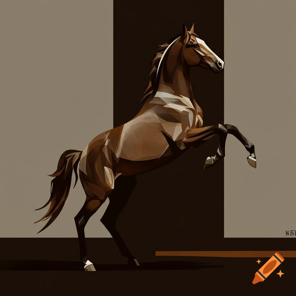 A brown horse rearing up in a geometric, stylized artwork against a dark background.