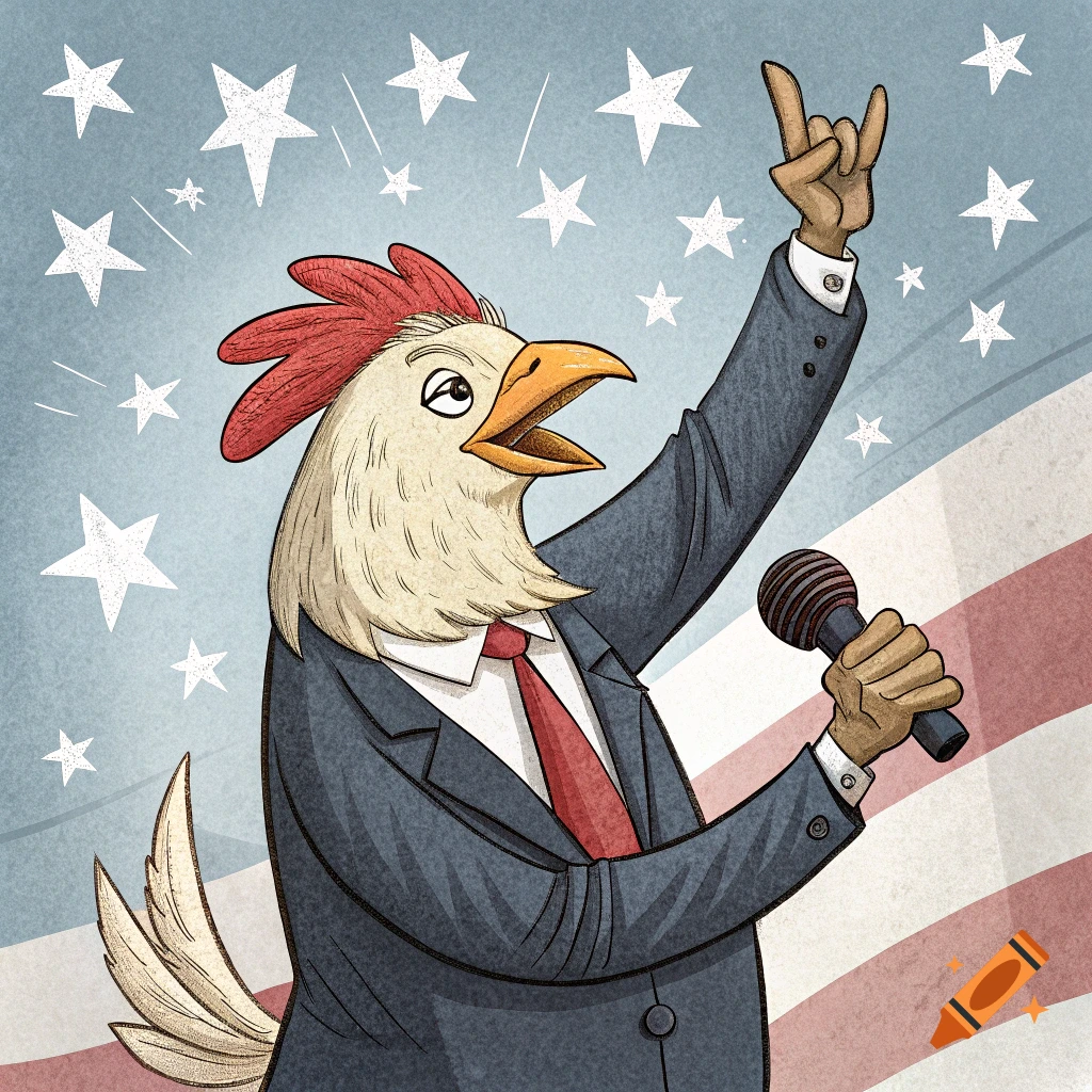 Cartoon chicken in a suit holding a microphone and making a rock hand gesture against a star and stripe background.