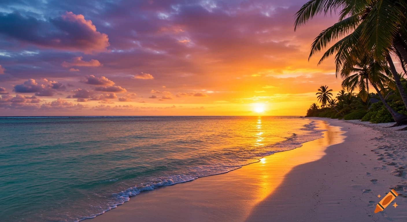 Sunset over a tropical beach with palm trees and ocean