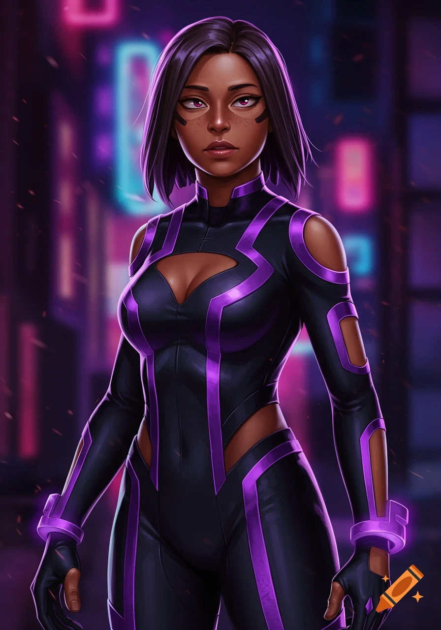 A woman in a black and purple superhero suit with cutouts standing in a neon city.