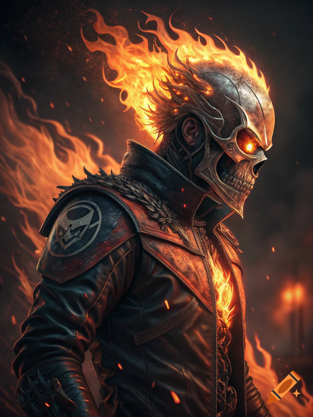 Figure resembling Ghost Rider with fiery head and chest, wearing a leather jacket, against a dark background.