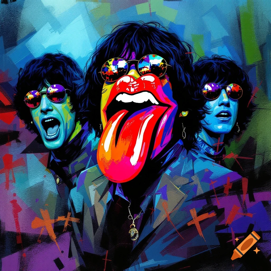 Pop art featuring The Rolling Stones logo and stylized band members.
