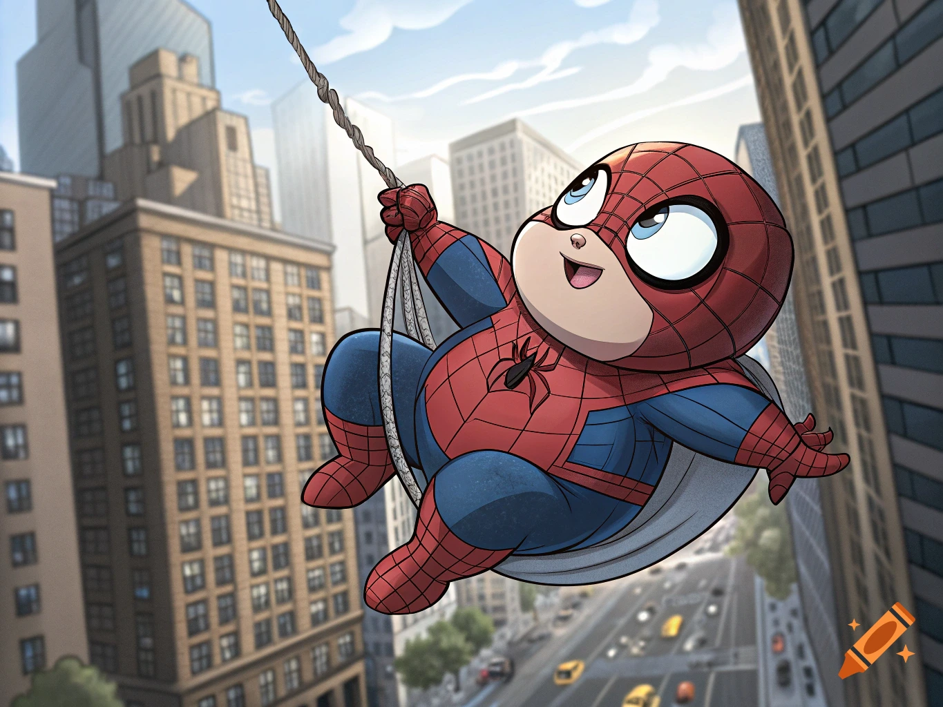 Cartoon fat Spider-Man swings on a web line through a city.