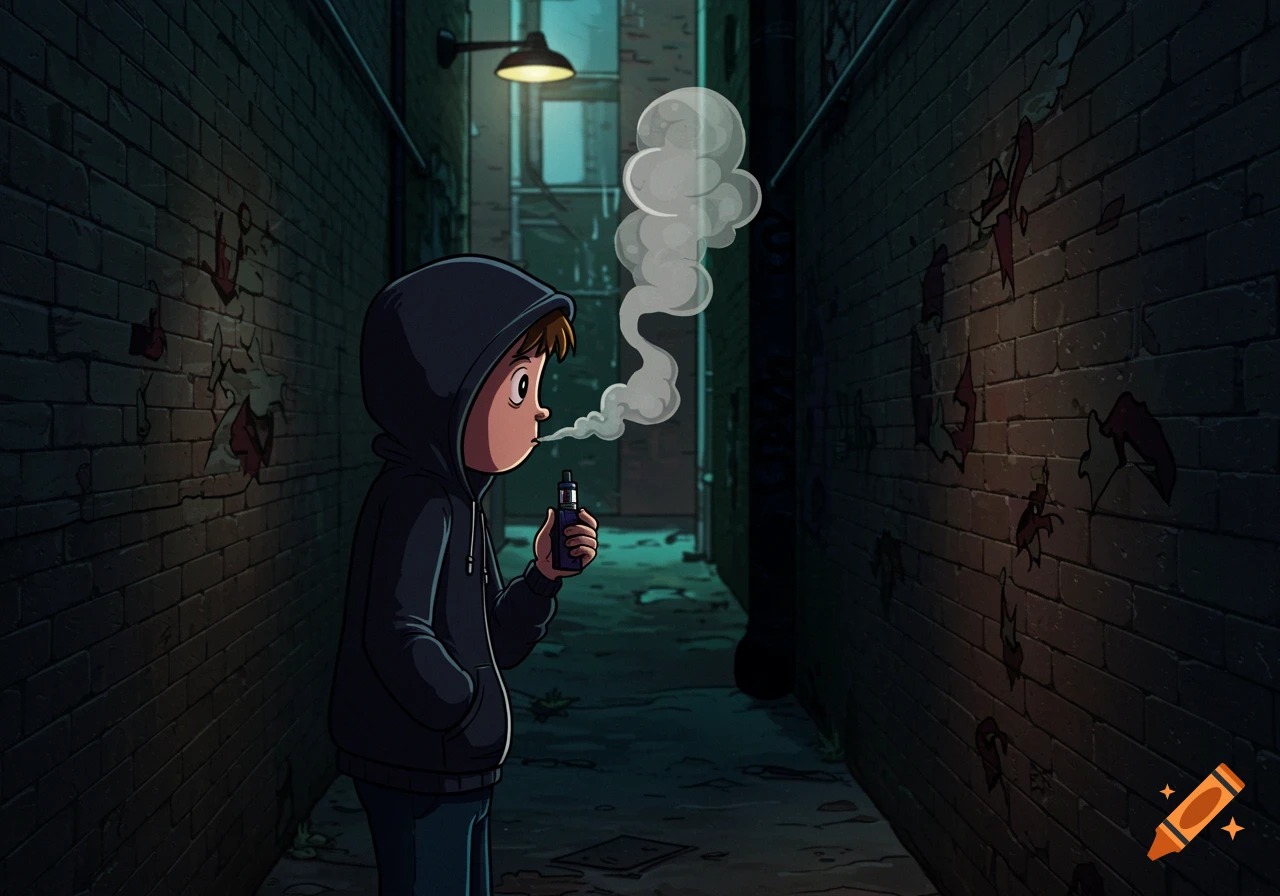 Cartoon boy in dark hoodie vaping in a dimly lit alleyway.