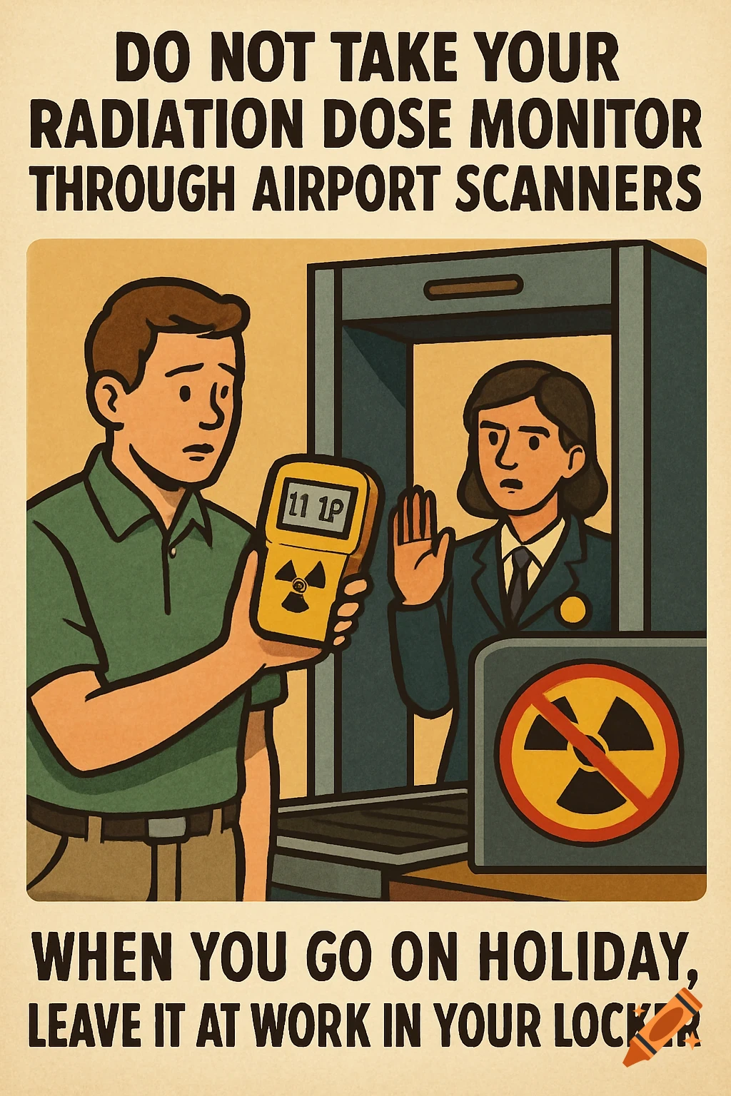 Illustration of a man with a radiation monitor at airport security, like a safety poster