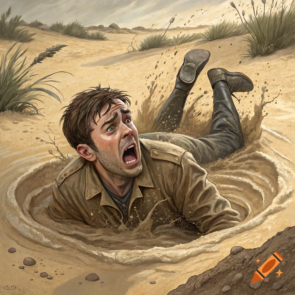 A man with a terrified expression sinks into quicksand in a desert landscape.