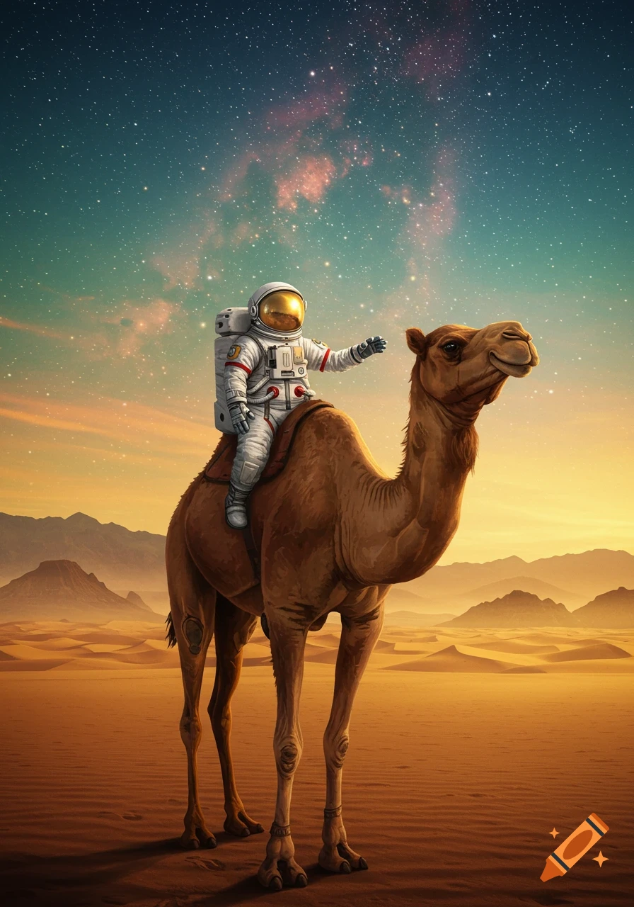 An astronaut rides a camel through a desert under a starry sky.