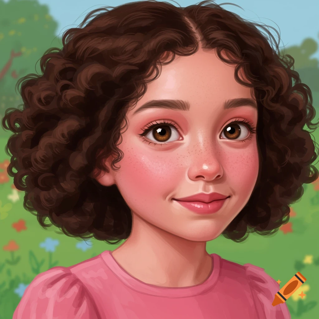 Portrait of a young girl with curly brown hair and rosy cheeks smiling in a blurred garden.