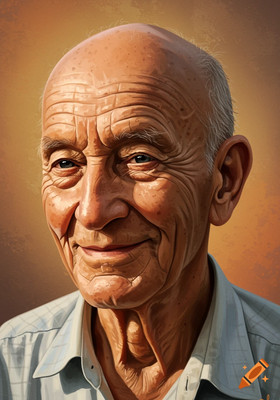 An old bald man is smiling