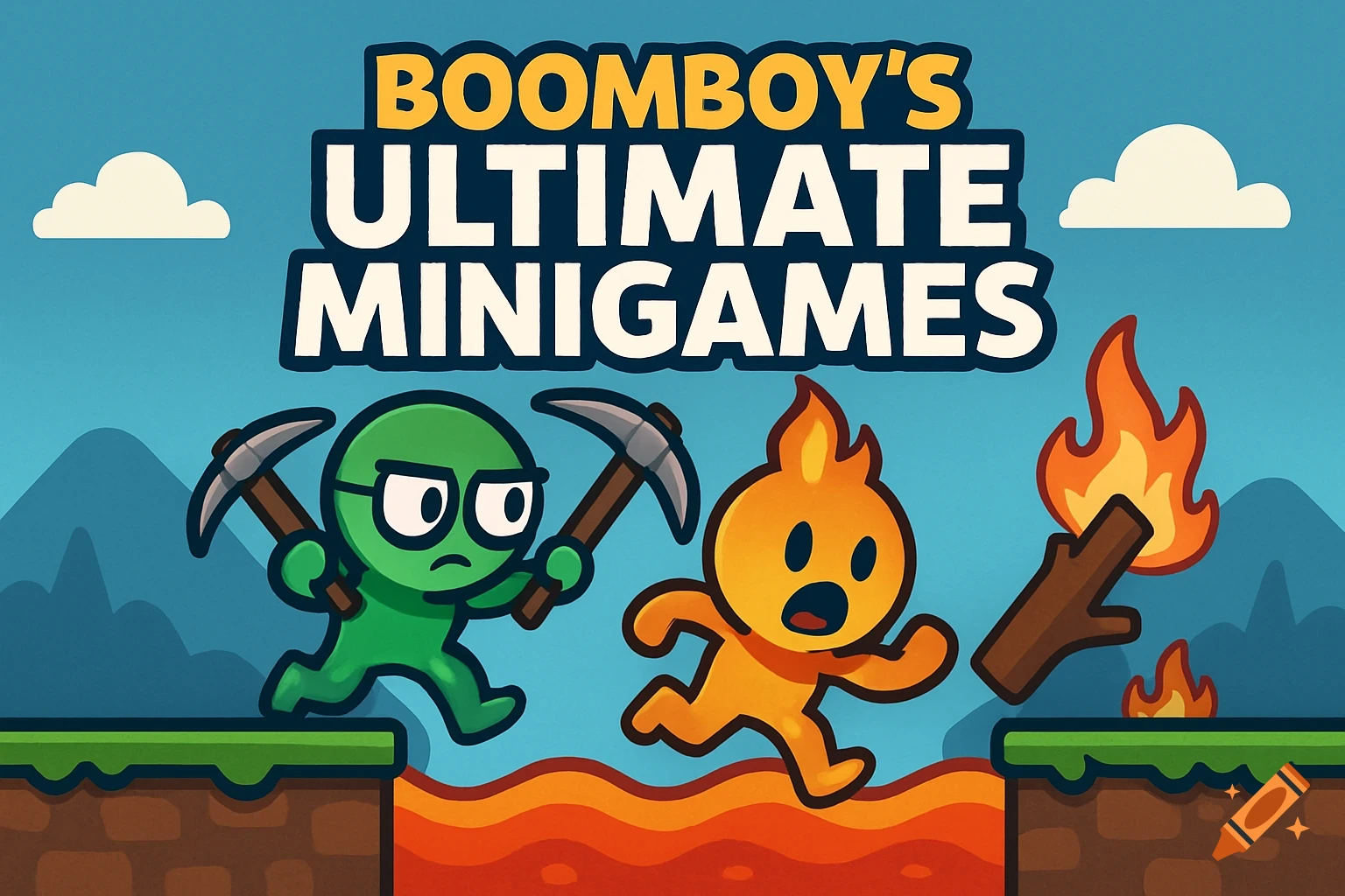 Cartoon illustration for a video game. A green character with pickaxes and an orange fire character run from lava below. Mountains and clouds in the background. Game title text at the top.