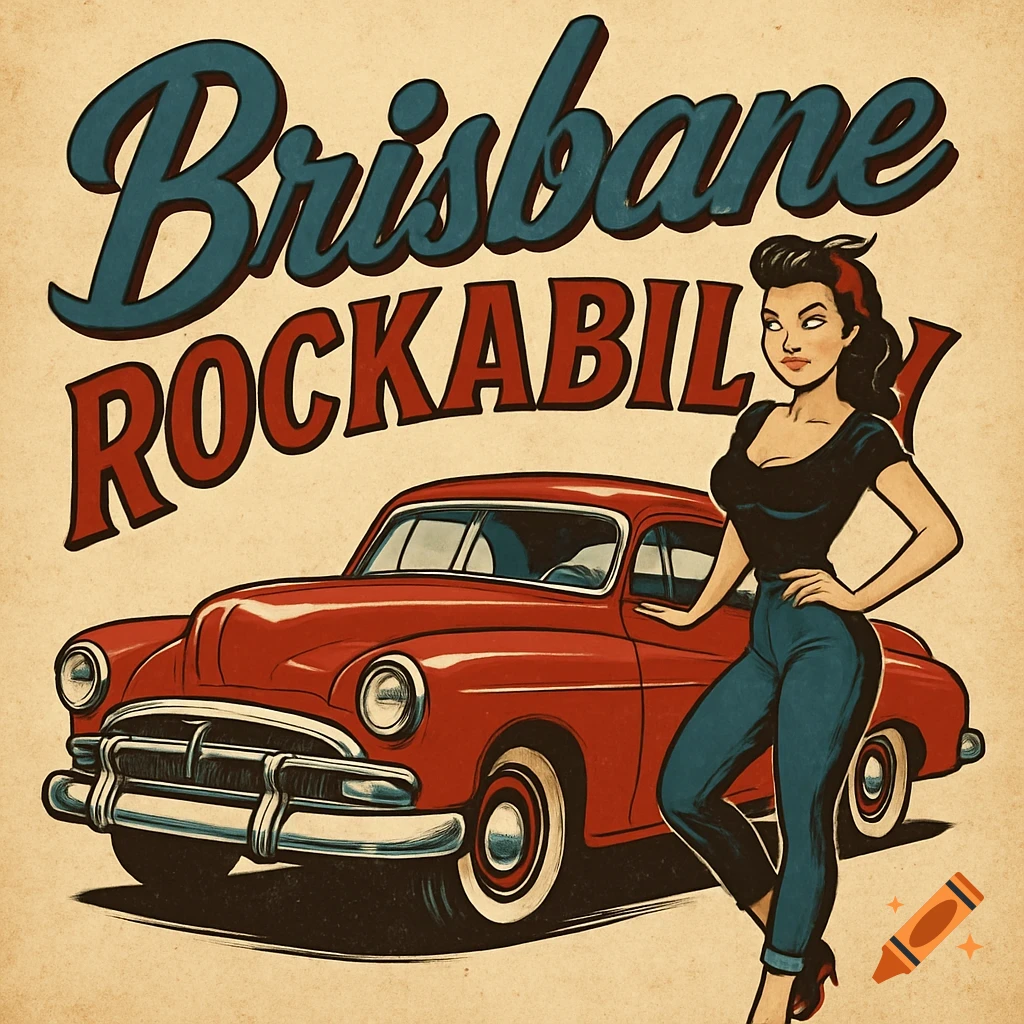 Vintage illustration of a woman leaning on a red classic car with 'Brisbane Rockabilly' text.
