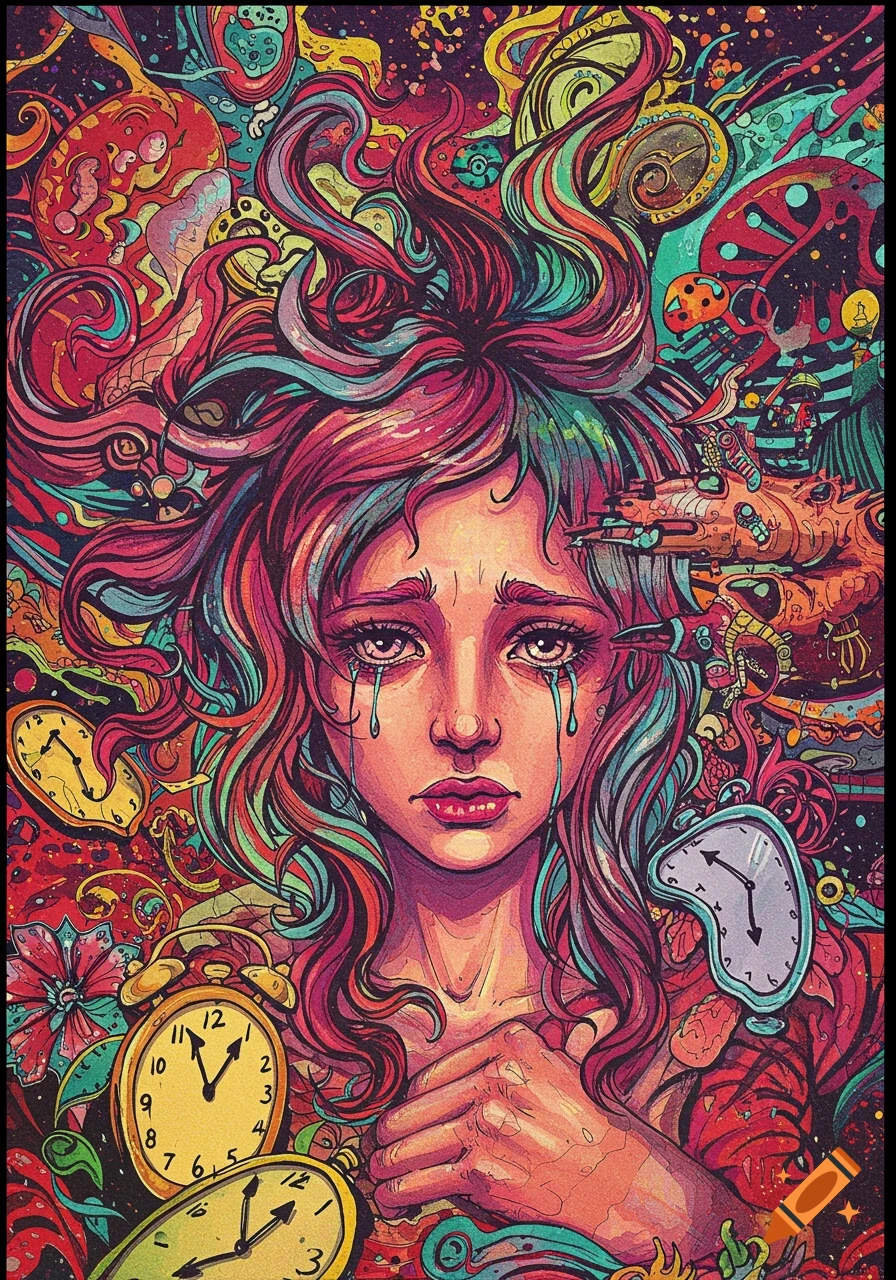 A psychedelic image of a woman crying, surrounded by melting clocks and abstract shapes.