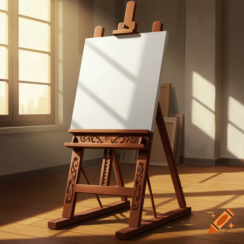 A wooden easel with a blank white canvas in a sunlit art studio