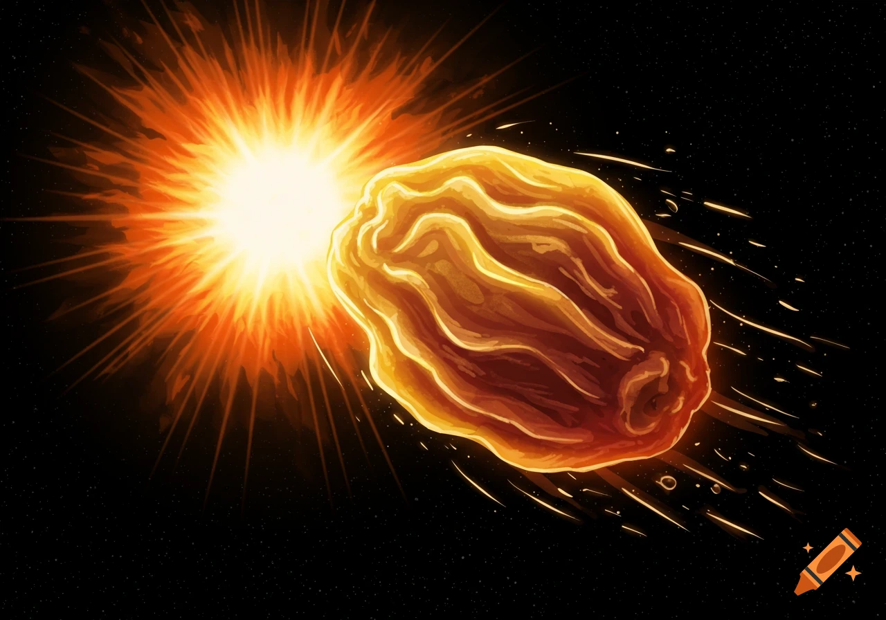 A raisin flying towards the sun in space.