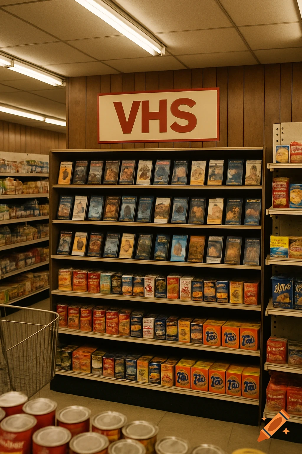 Store aisle with shelves of VHS tapes and groceries in an early 1980s style.
