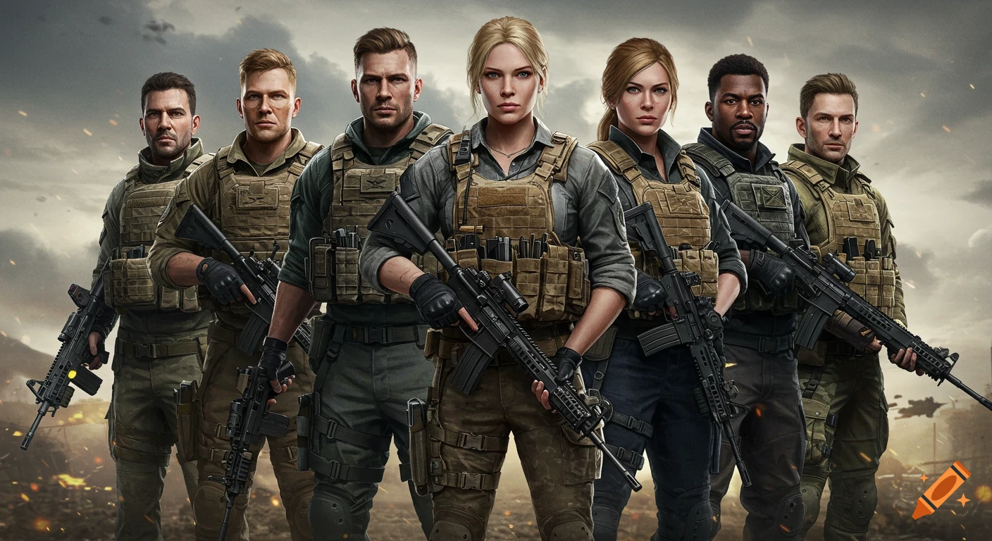 Six diverse soldiers in tactical gear hold rifles in a photorealistic battlefield scene.