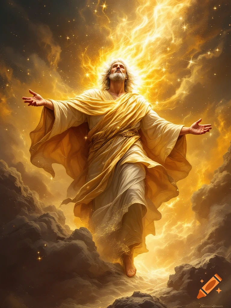 A figure in a golden robe with arms outstretched ascends through golden ...