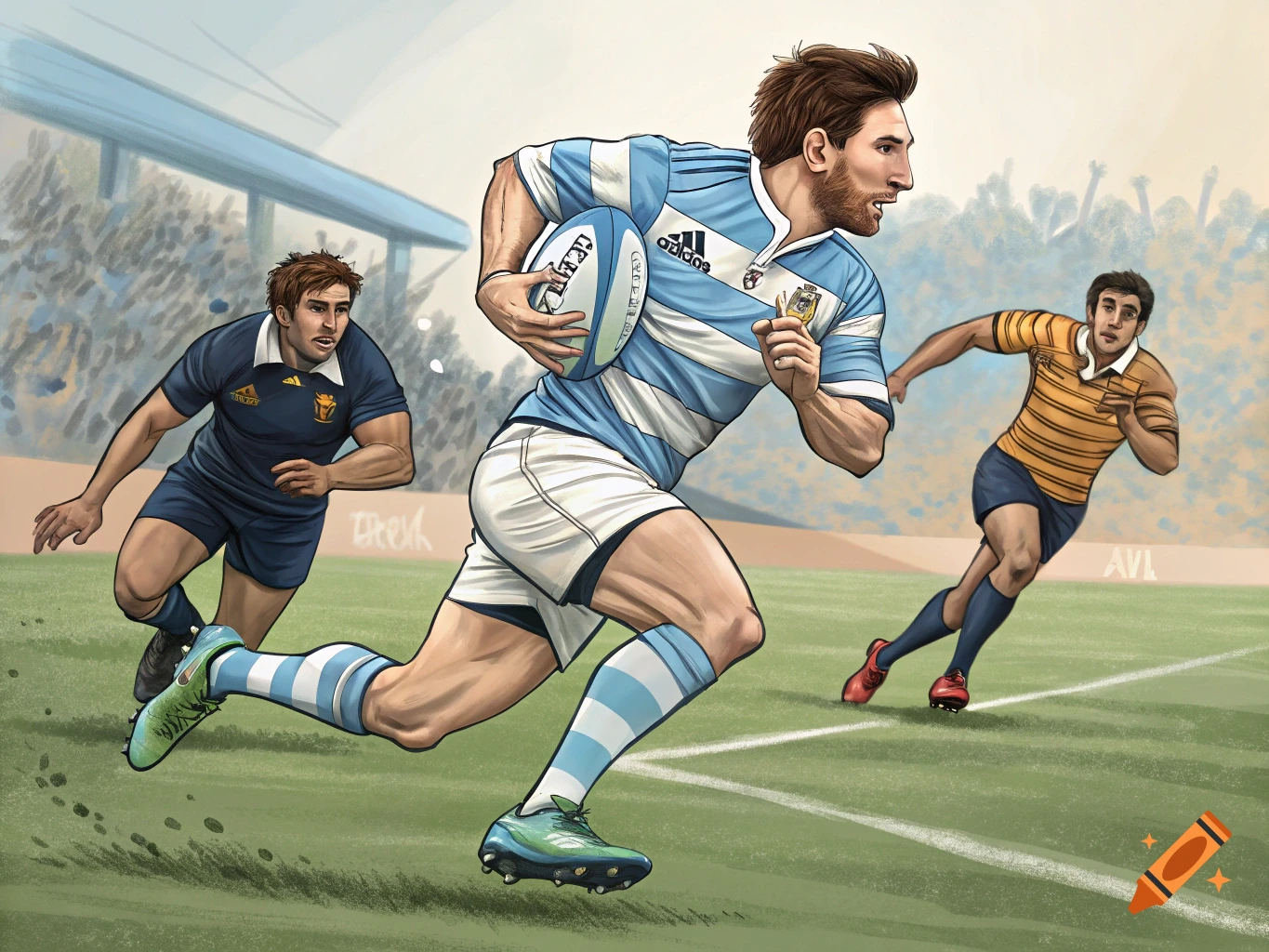 Stylized illustration of a rugby player in a light blue and white striped jersey running with the ball, pursued by opponents.