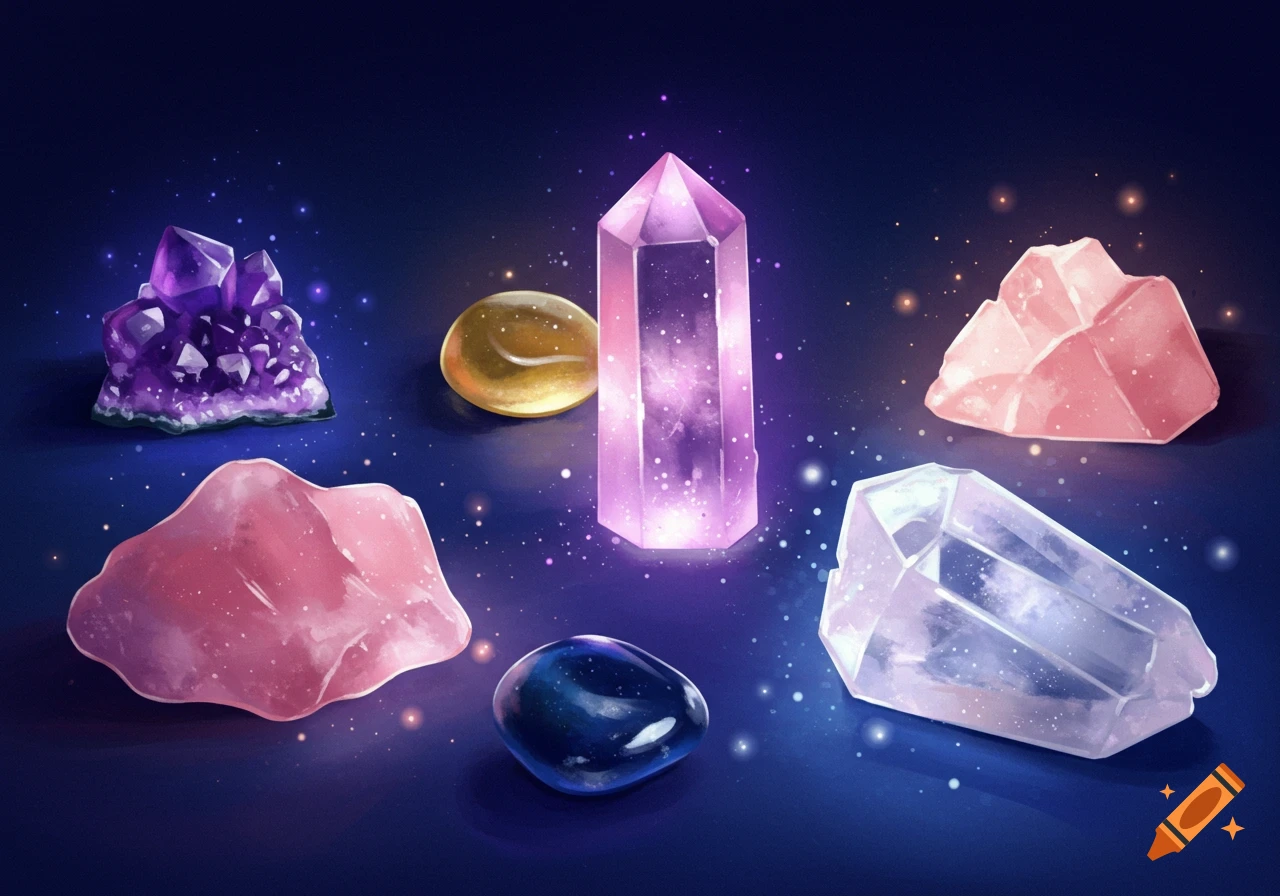 Various colorful crystals and stones on a dark background.
