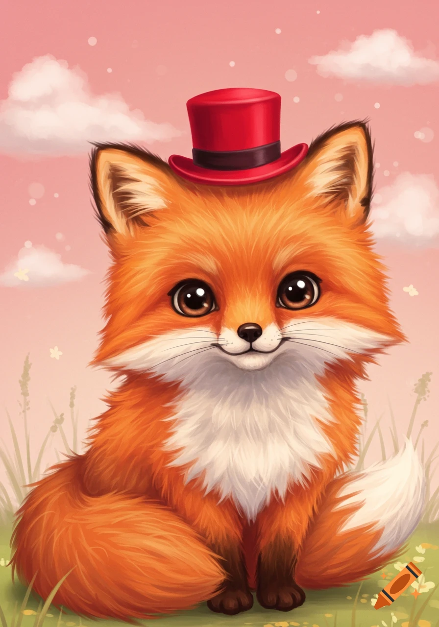 Cute cartoon fox wearing a red top hat sits in the grass.