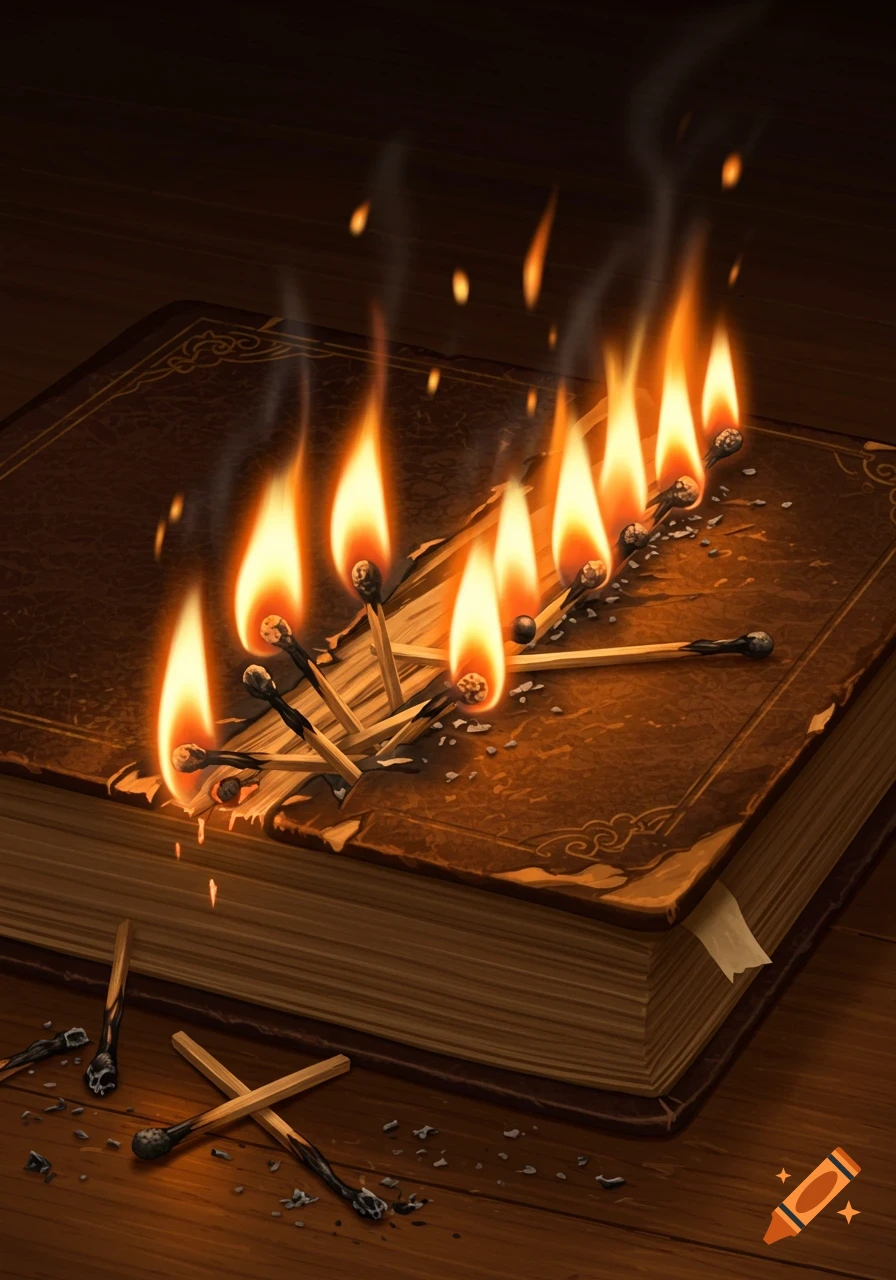 Several lit matches are burning on the cover of an old book.