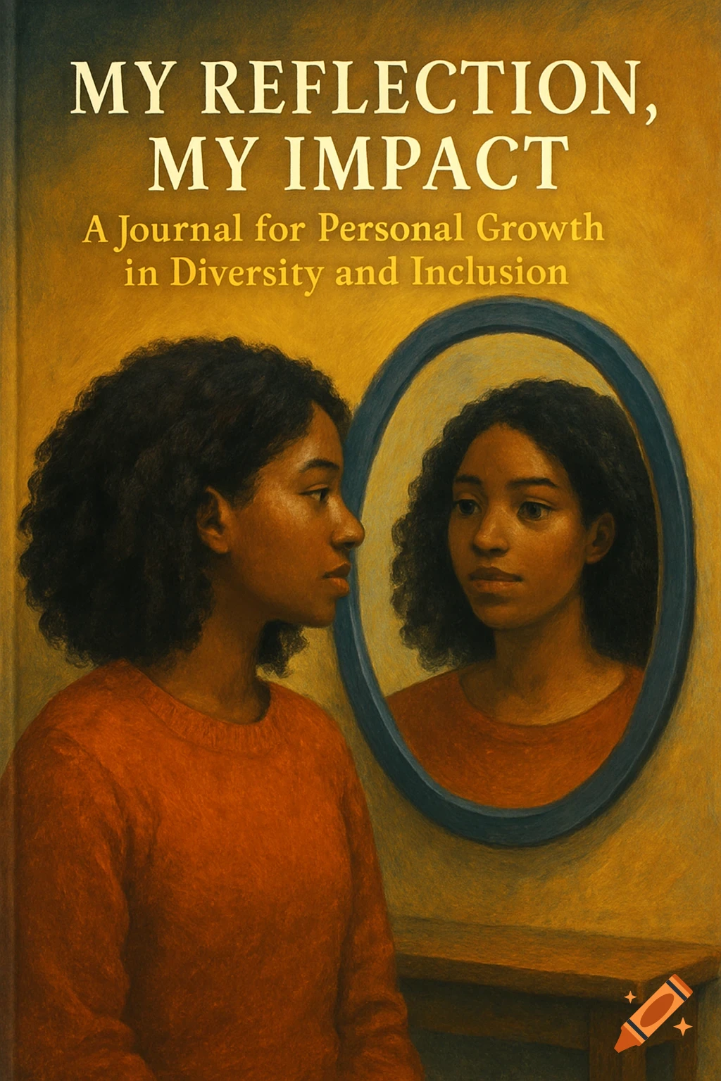 Illustration of a woman looking at her reflection in a mirror, like a book cover illustration.