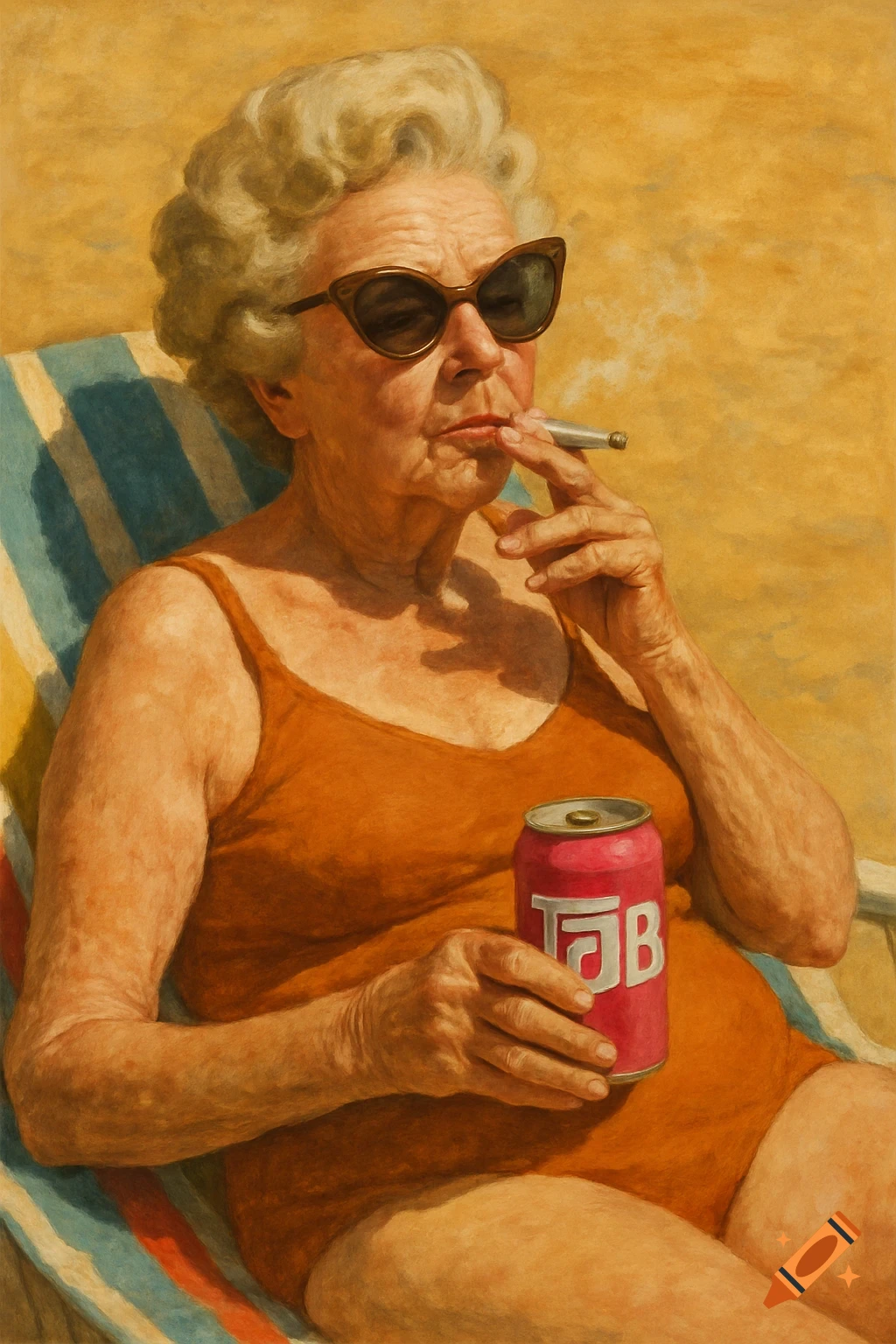 An old woman sunbathing, smoking, and holding a soda.