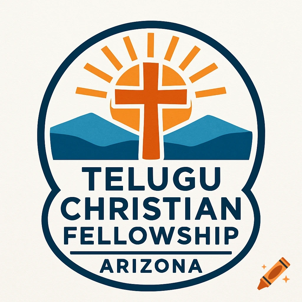 Logo with orange cross and sun over blue mountains, text 'Telugu Christian Fellowship Arizona'
