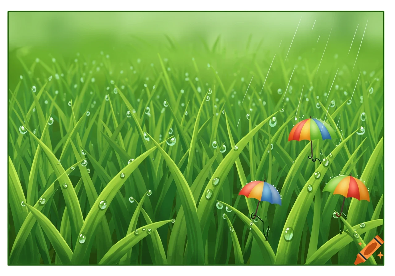 Cartoon illustration of green grass blades with raindrops and tiny umbrellas on some blades during a light rain.
