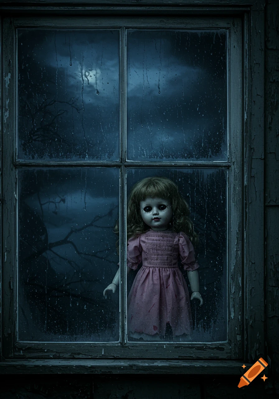 Creepy doll looks out a rainy window at night.