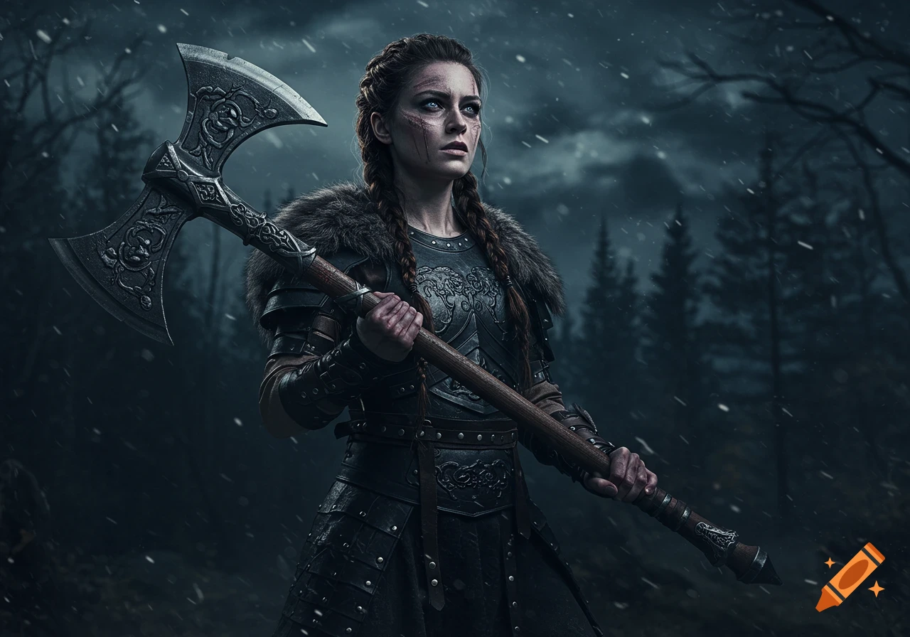 Photorealistic portrait of a warrior woman with an axe in a snowy forest.