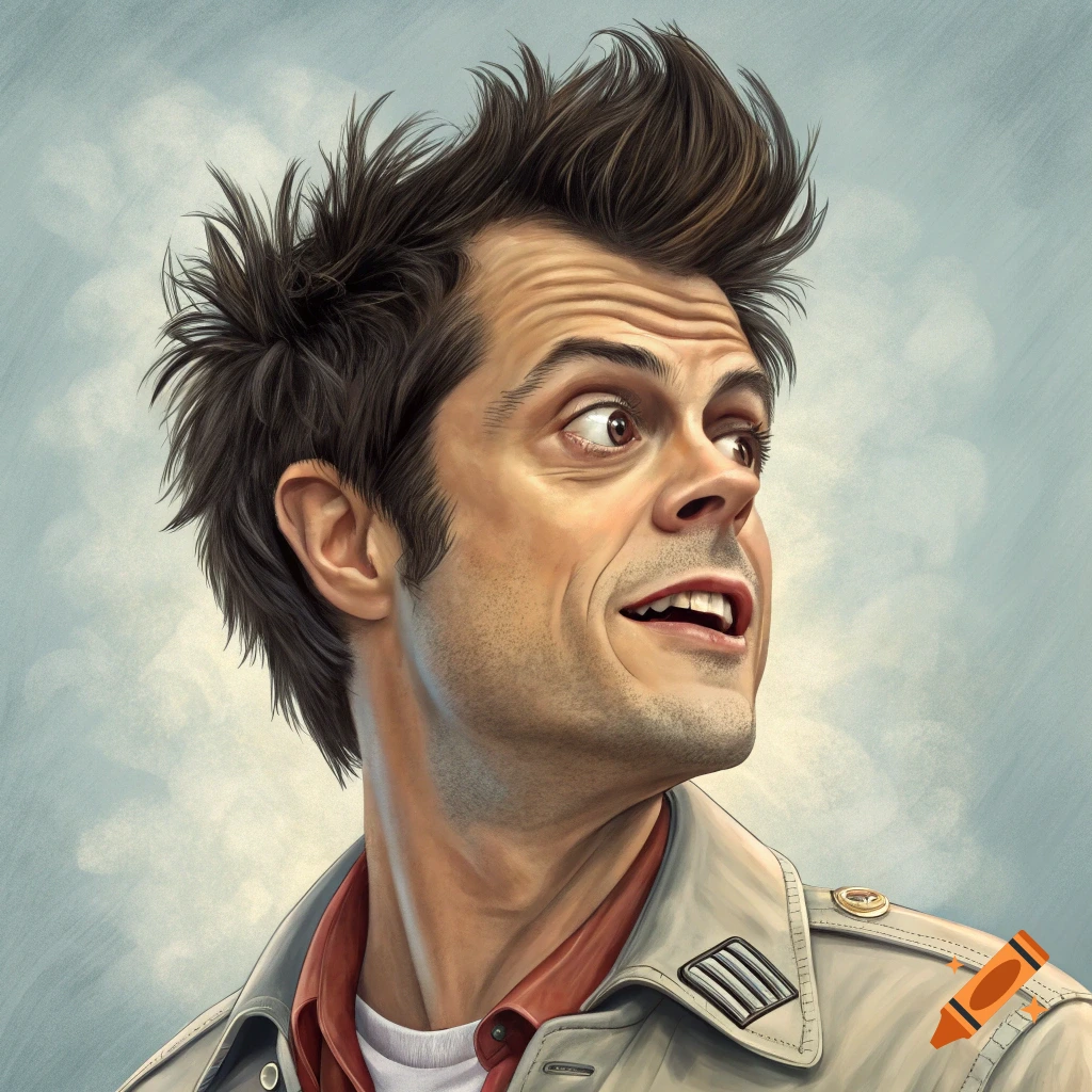 Caricature portrait of a man with spiky hair looking surprised, wearing a jacket and red shirt.