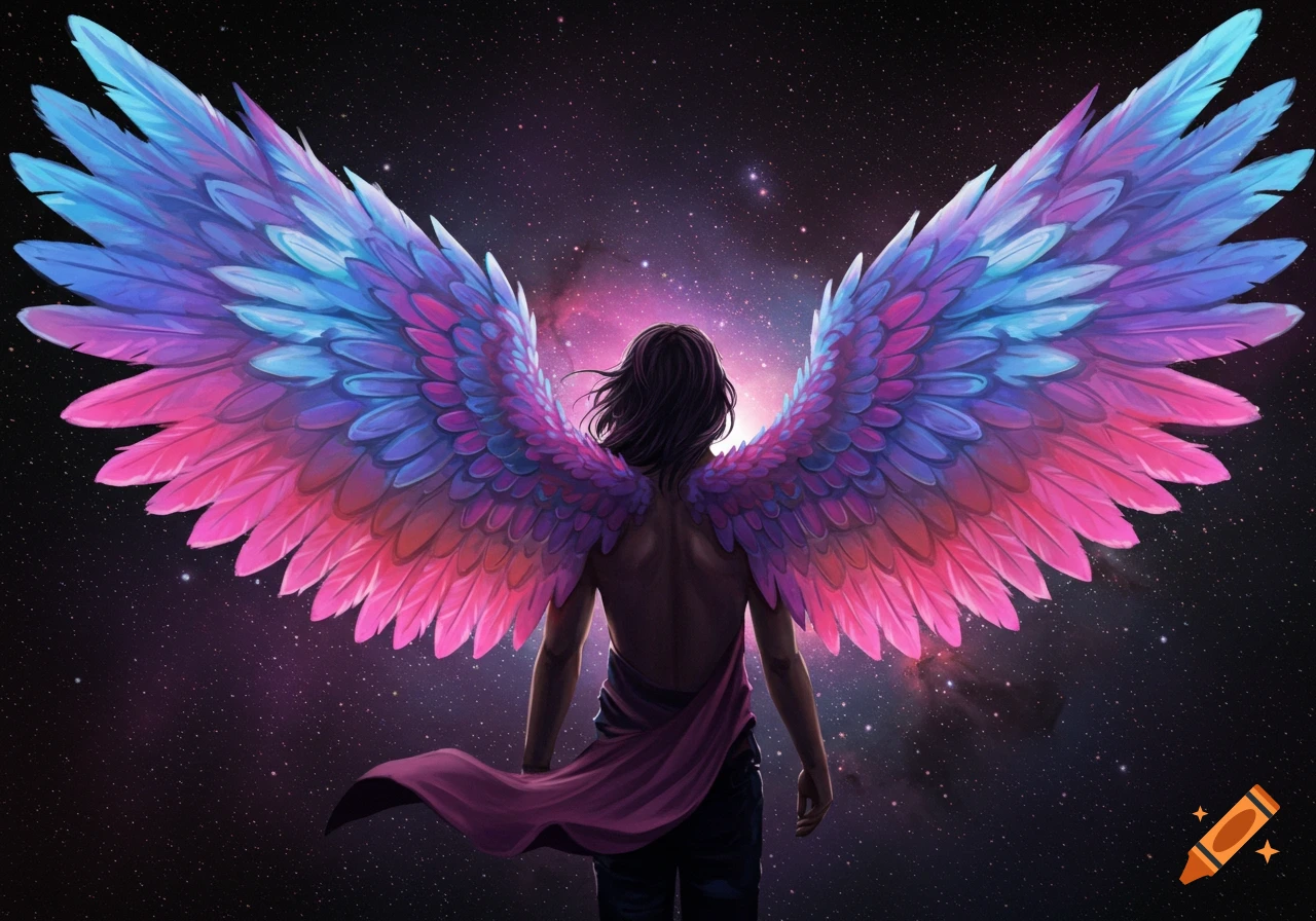 A person with large colorful wings is looking at a starry sky.