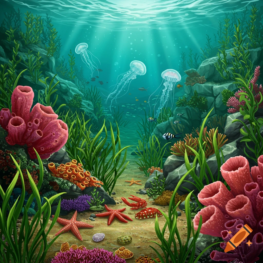 An underwater scene with jellyfish, coral, seagrass, and starfish.