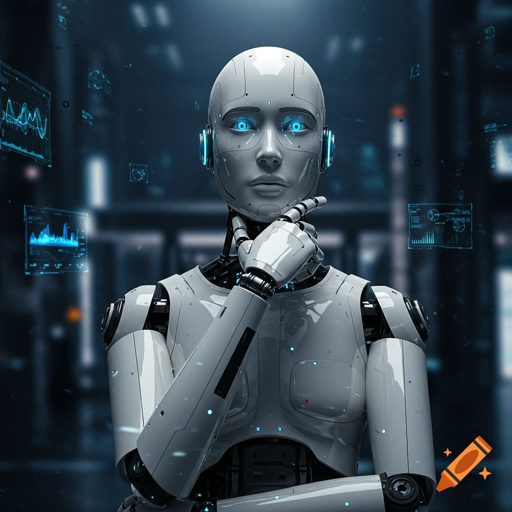A white AI robot looking thoughtfully at floating data displays in a futuristic setting.