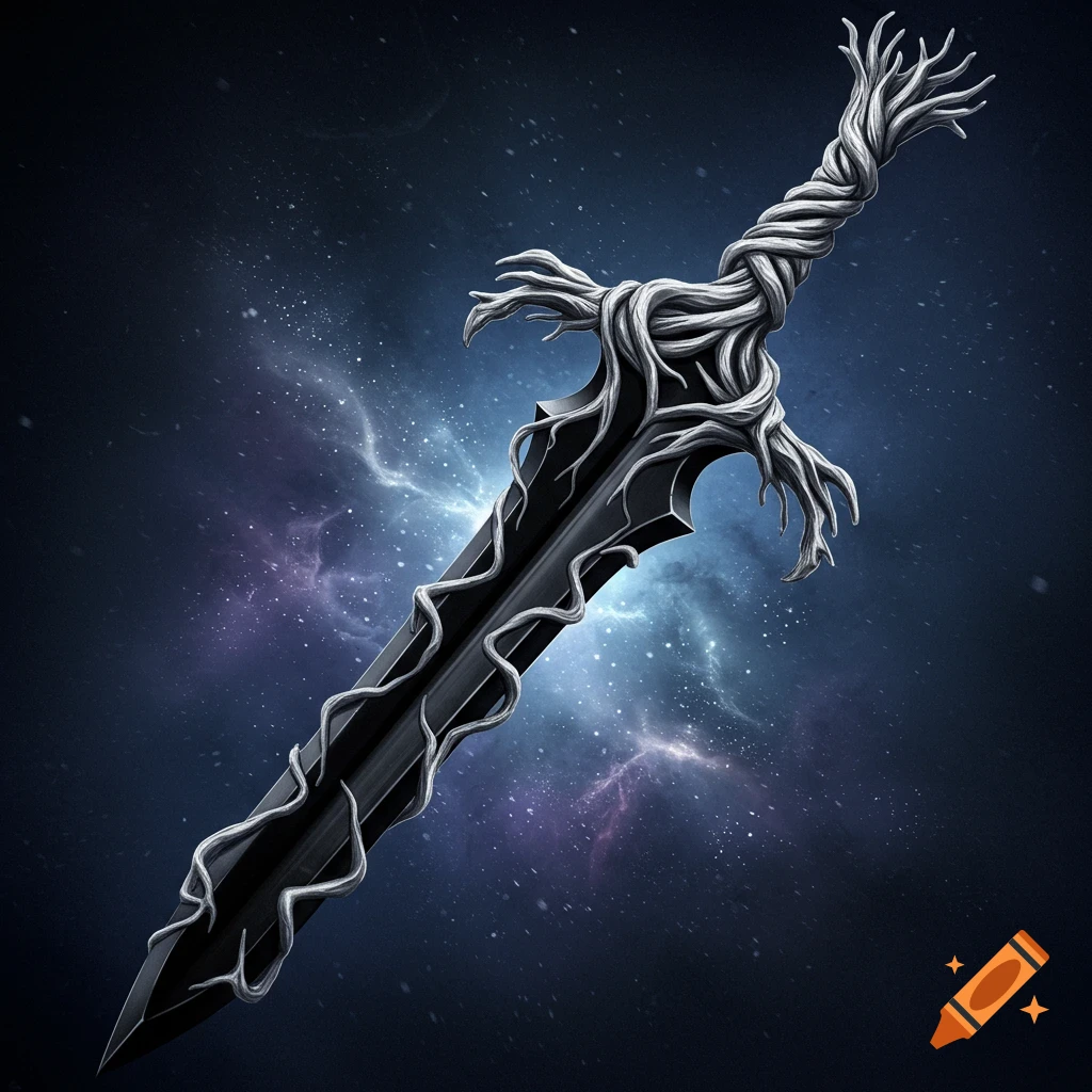 A black sword with a silver root handle and guard against a starry space background.