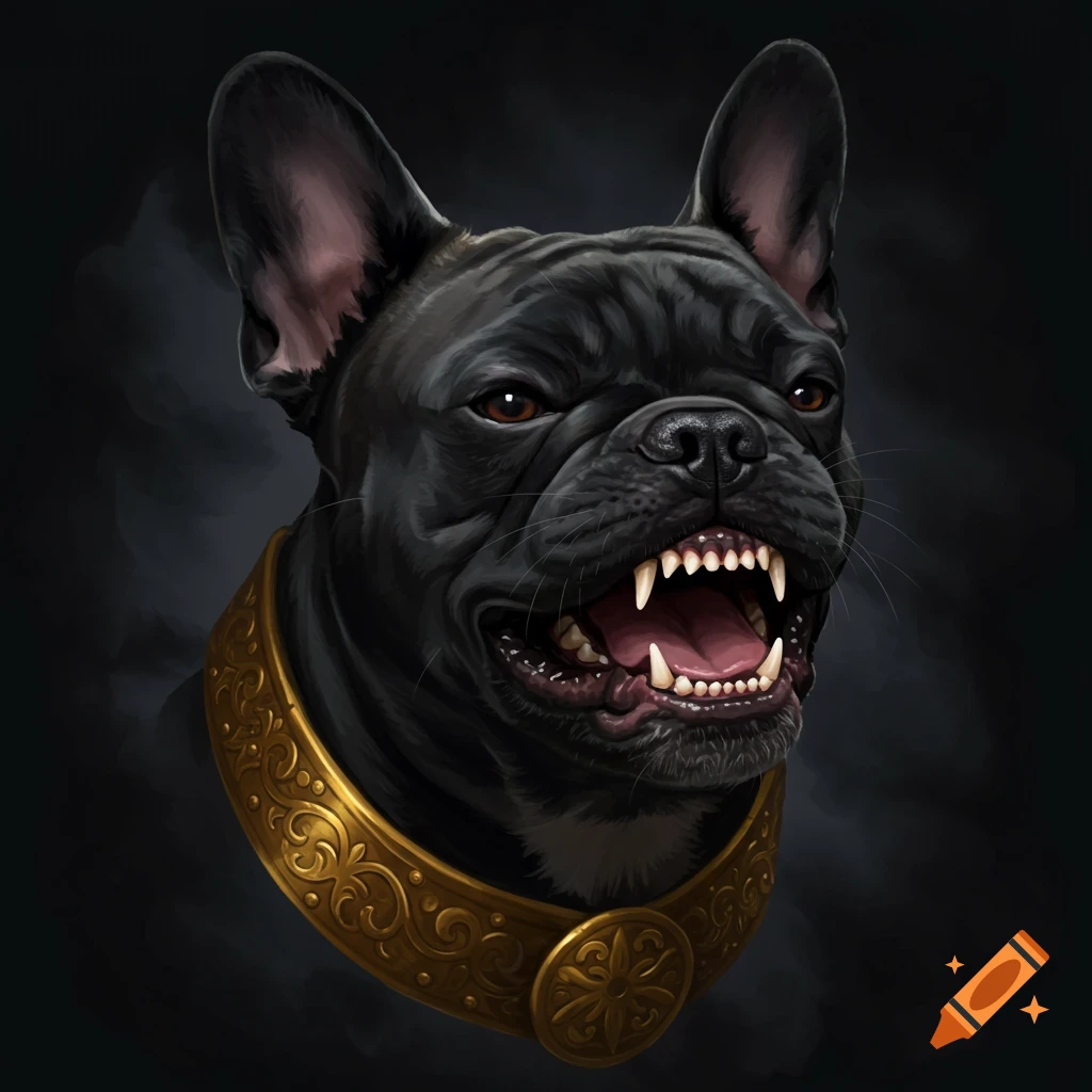 An angry black French bulldog with a gold collar is baring its teeth.