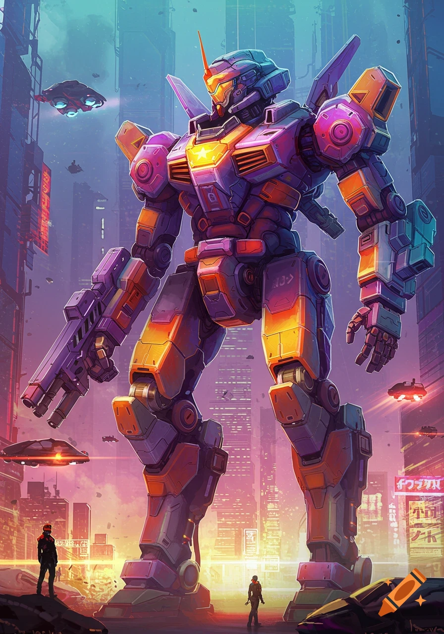 Large purple and orange mecha standing in a futuristic cyberpunk city with flying vehicles.