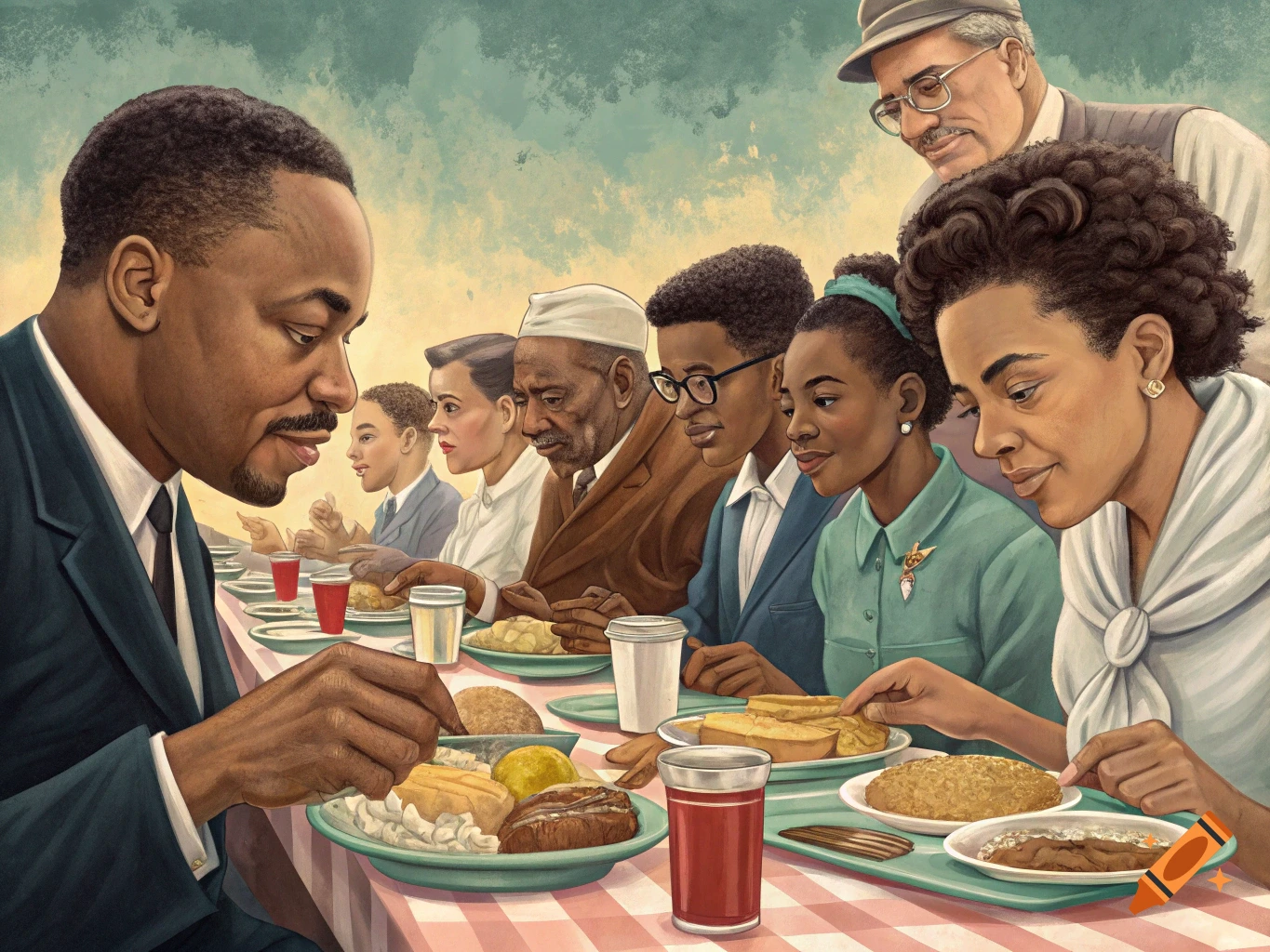 Diverse historical figures eating a meal together at a table in a painterly style.
