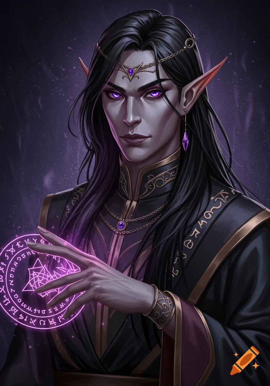 Portrait of a dark elf wizard with long black hair, purple eyes, casting magic