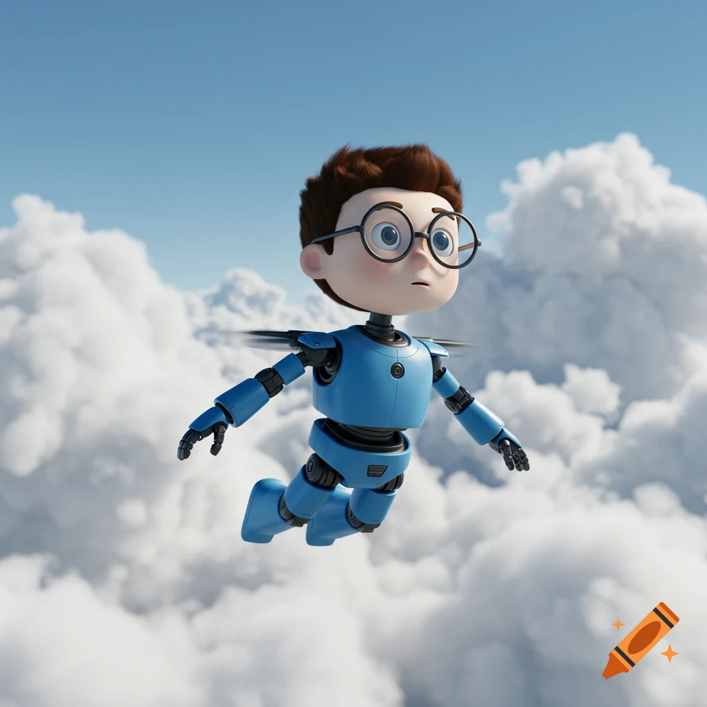 A cartoon boy robot with glasses and hair flies through a cloudy sky.