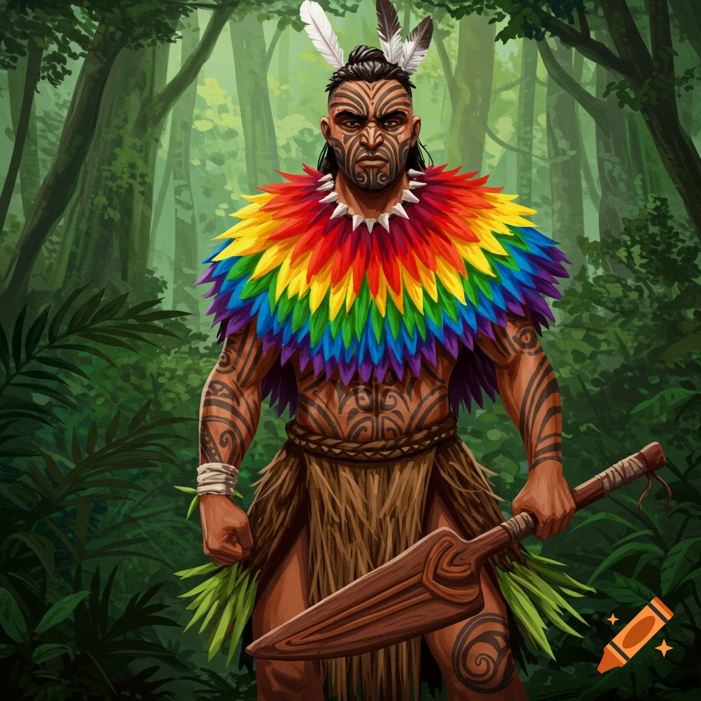 A man with tribal tattoos and a rainbow feather collar, holding a weapon in a forest.