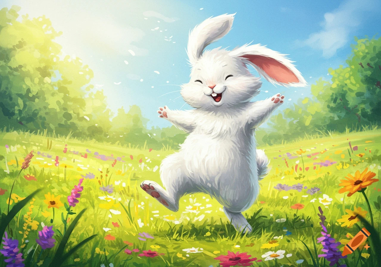 A white cartoon bunny dances happily in a field of colorful flowers under a bright sun.