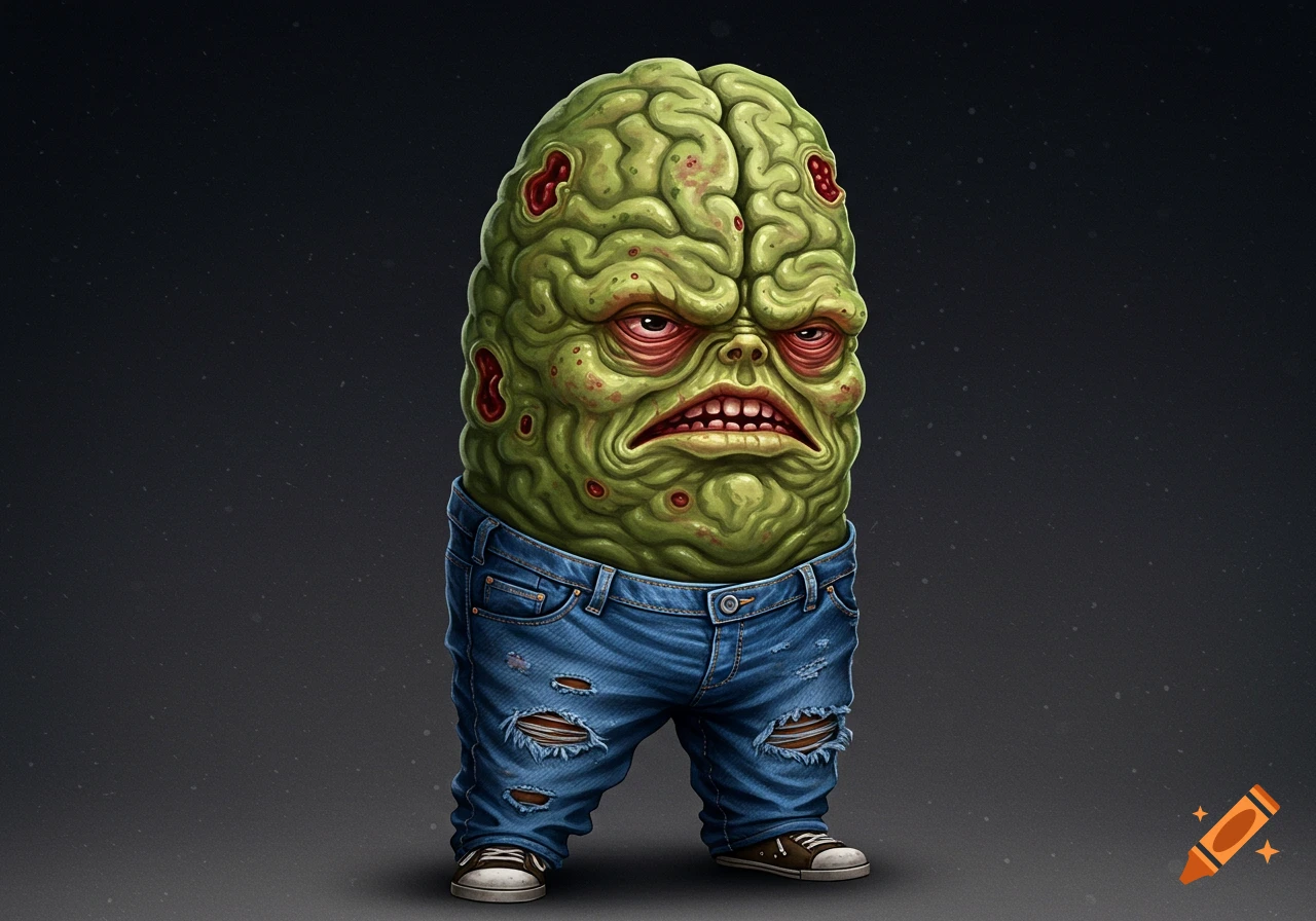 A sad, grotesque green brain-headed monster wearing ripped jeans and sneakers.